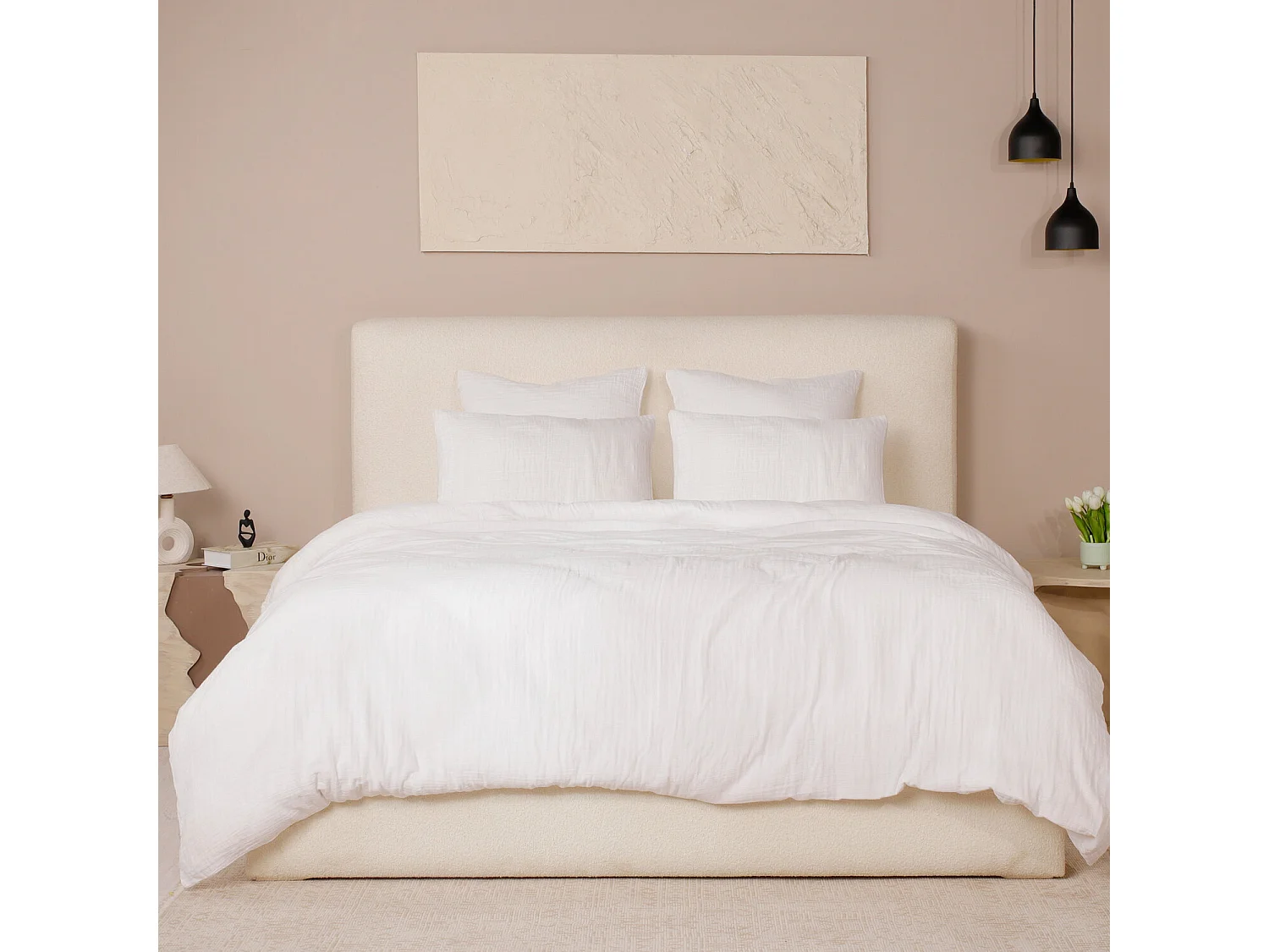 Parure Housse De Couette 100% Gaze De Coton Blanc Pur