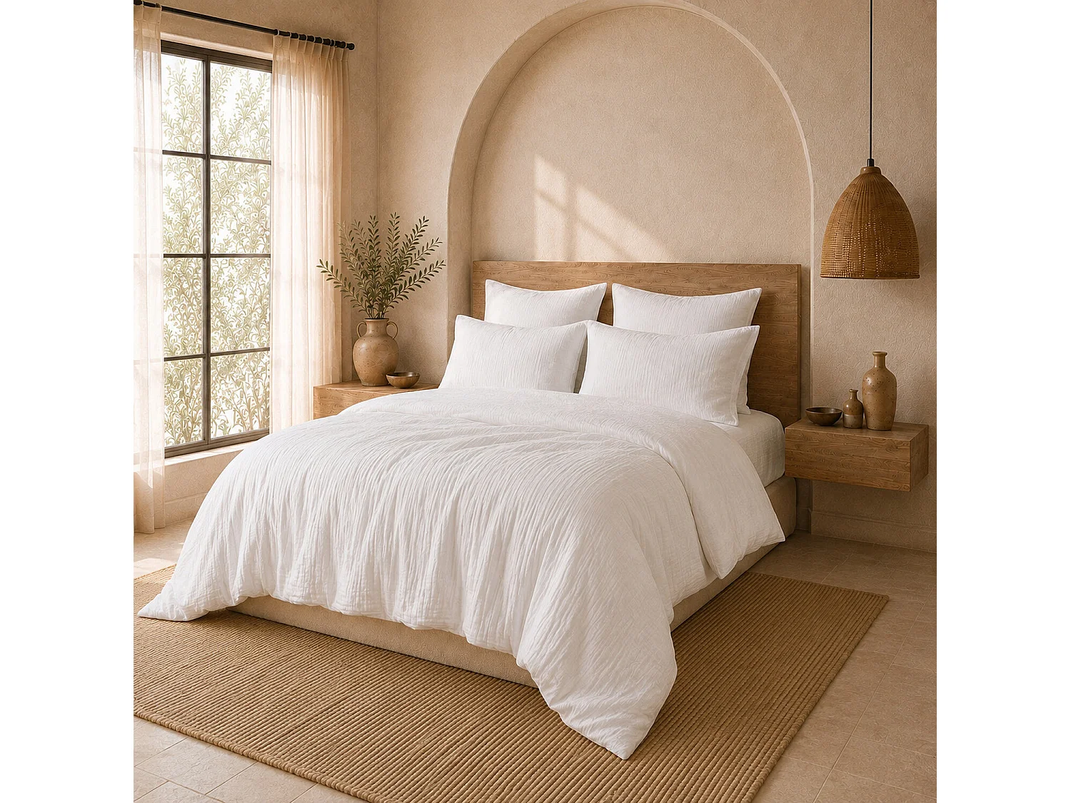 Parure Housse De Couette 100% Gaze De Coton Blanc Pur