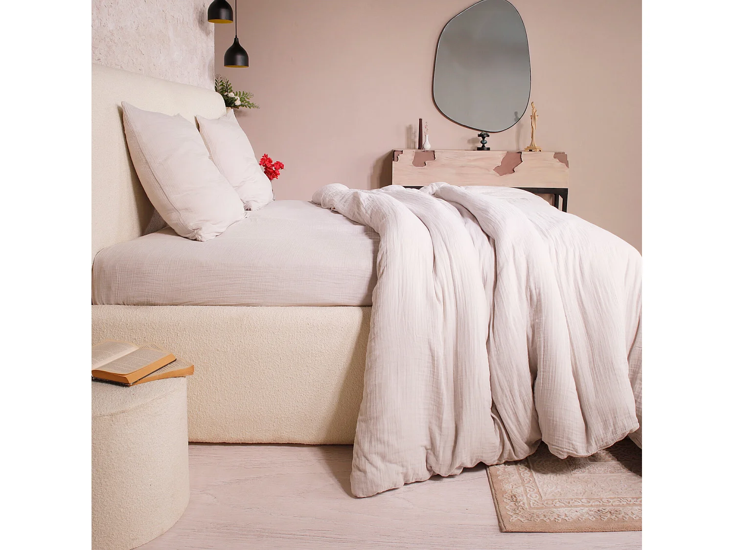 Parure Housse De Couette 100% Gaze De Coton Ecru Naturel
