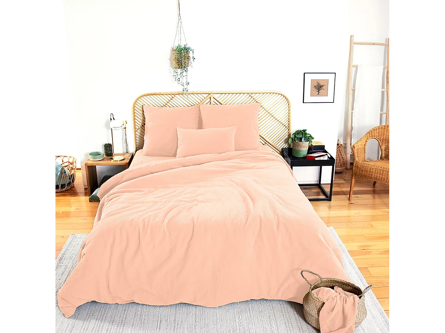 Parure Housse De Couette 3Pcs 100% Gaze De Coton 57 Fils - Pêche