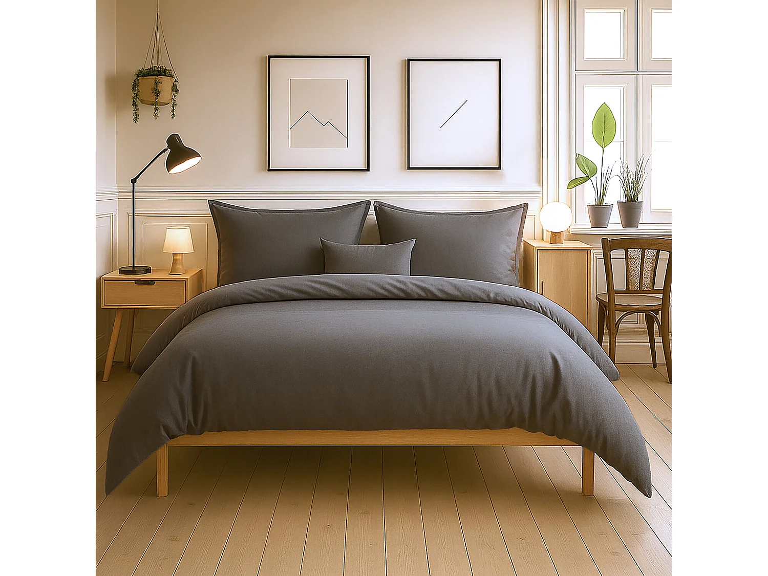 Parure Housse De Couette 100% Coton Gris Fonce
