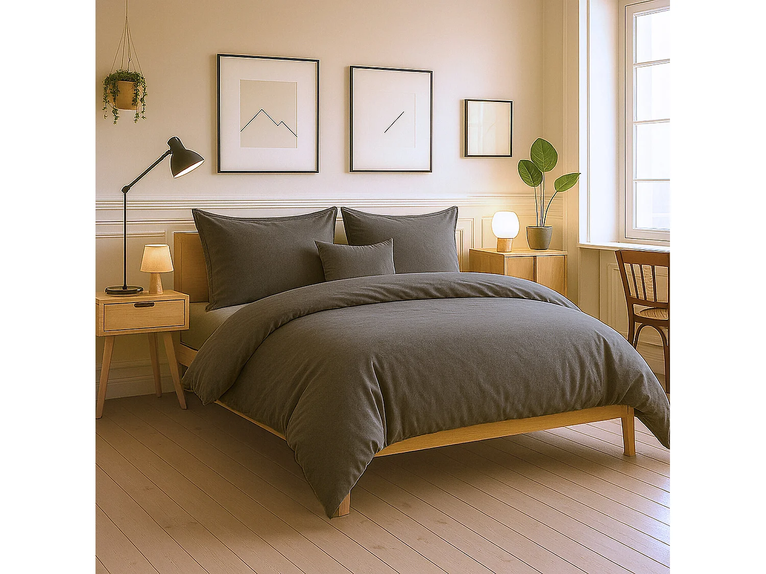 Parure Housse De Couette 100% Coton Gris Fonce
