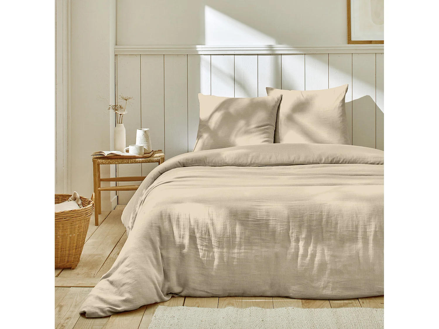 Parure Housse De Couette Gaze De Coton Beige Lin
