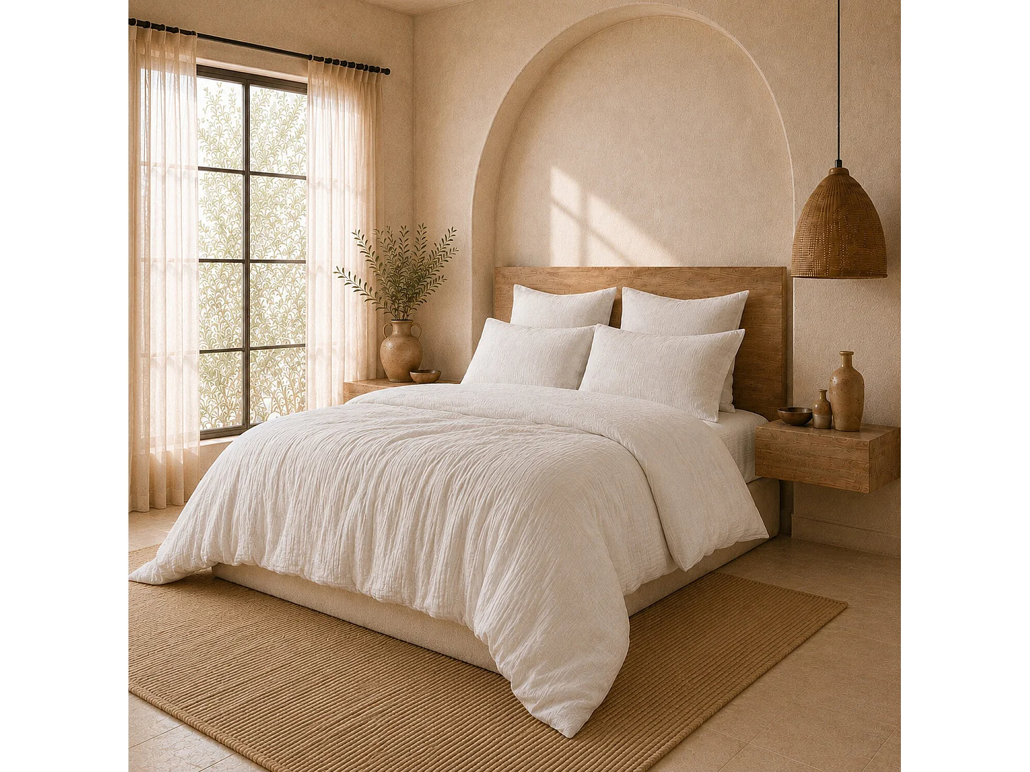 Parure Housse De Couette 100% Gaze De Coton Ecru Naturel