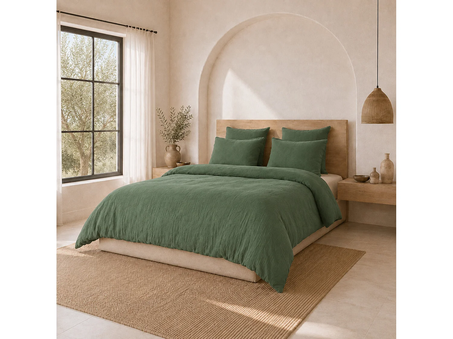 Parure Housse De Couette 100% Gaze De Coton Vert Cèdre