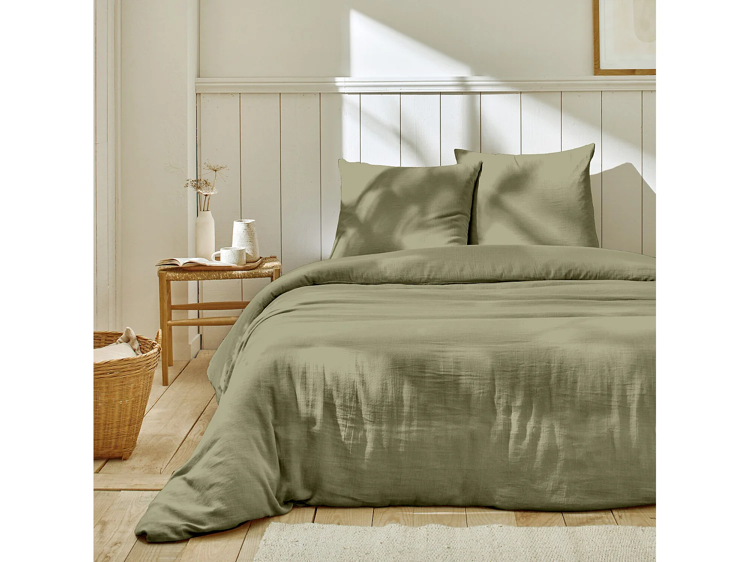 Parure Housse De Couette Gaze De Coton Vert De Gris