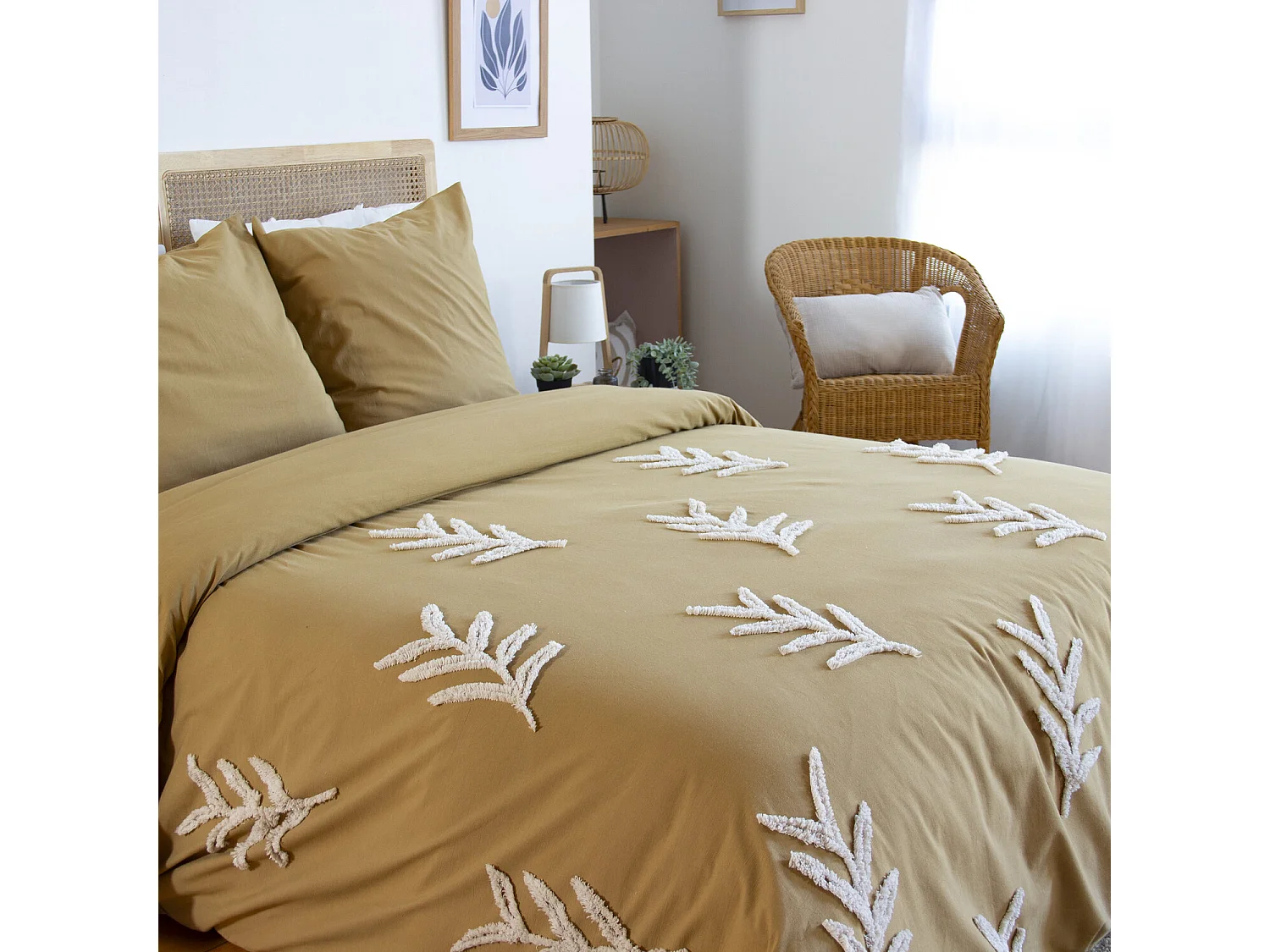 Parure De Couette 3Pcs Finitions Tuftées En Coton Lave 52Fils/Cm2 - Feuillu