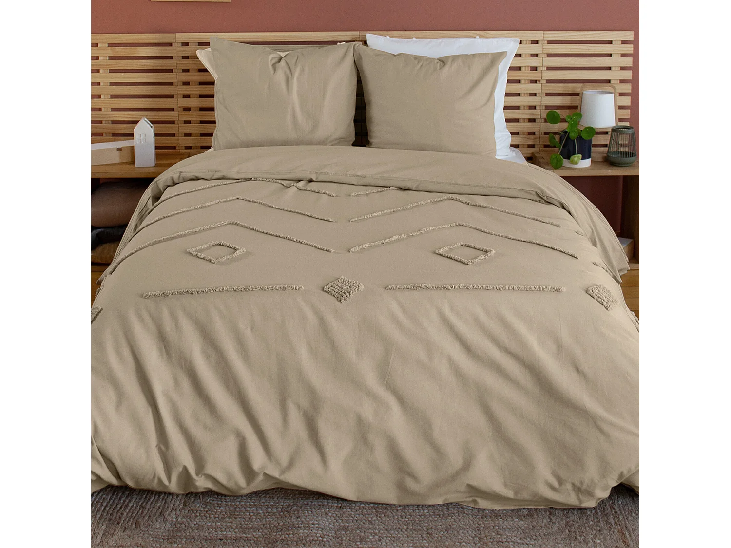 Parure De Couette 3pcs 240x220cm finitions Tuftées en Coton Lave 52fils/cm2 - AKOE