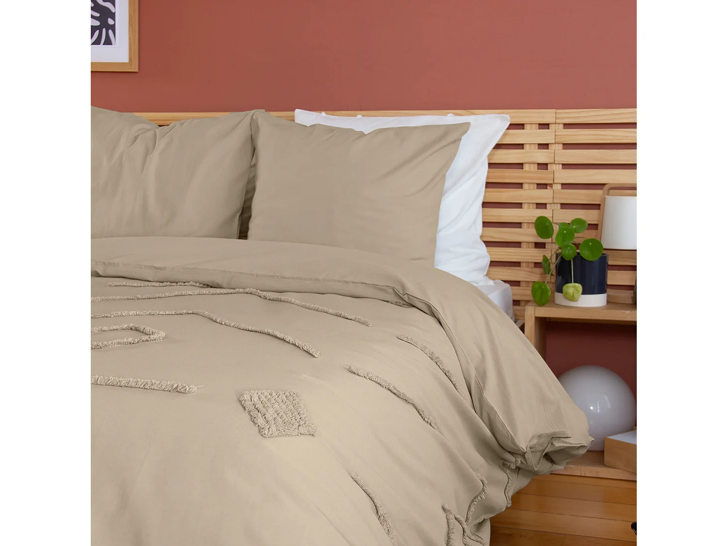 Parure De Couette 3pcs 240x220cm finitions Tuftées en Coton Lave 52fils/cm2 - AKOE
