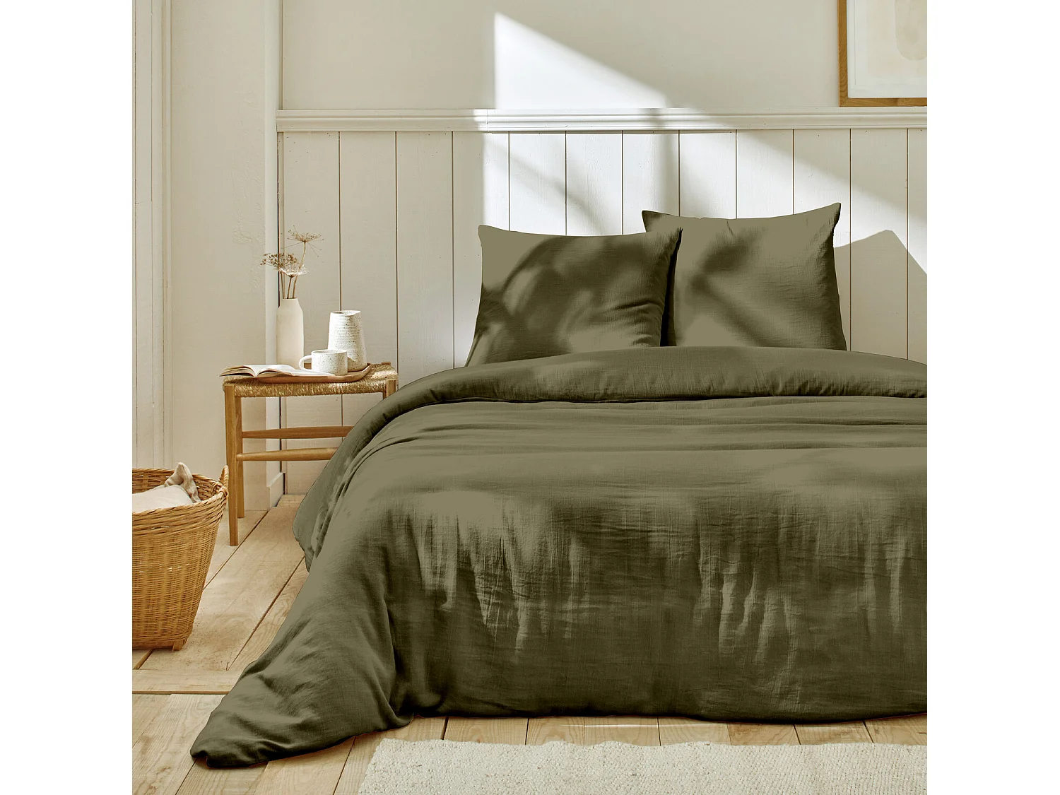 Parure Housse De Couette 100% Gaze De Coton Kaki