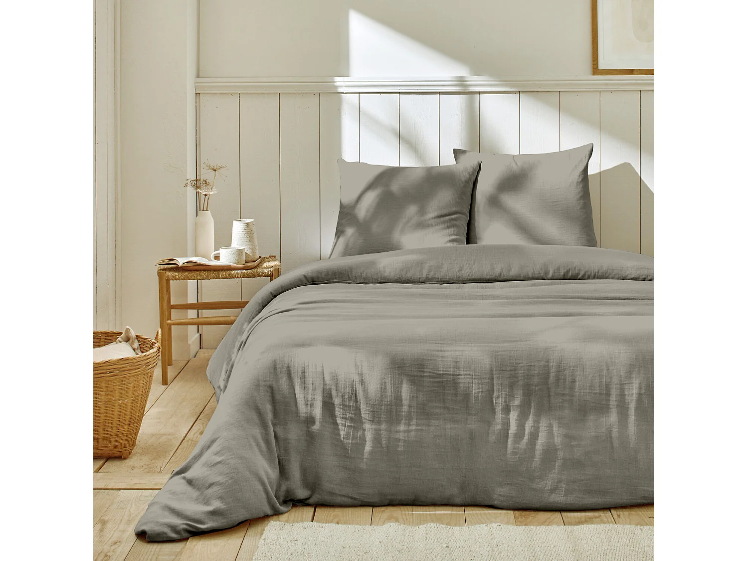 Parure housse de couette gaze de coton Gris Galet