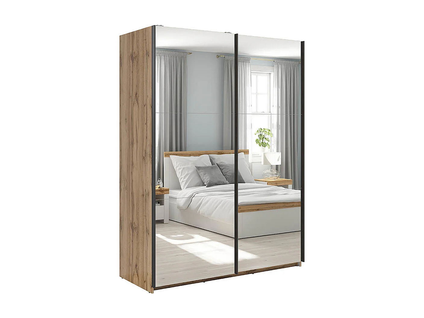 Armoire placard à 2 portes coulissantes avec miroir coloris Chêne wotan - Longueur 153,5 x Profondeur 60 x Hauteur 195,5 cm