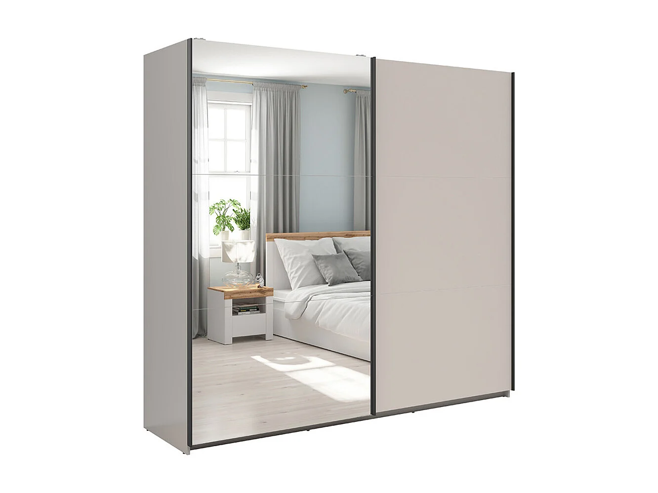 Armoire placard à 2 portes coulissantes dont 1 avec miroir coloris Beige Kashmir - Longueur 220 x Profondeur 60 x Hauteur 195,5 cm