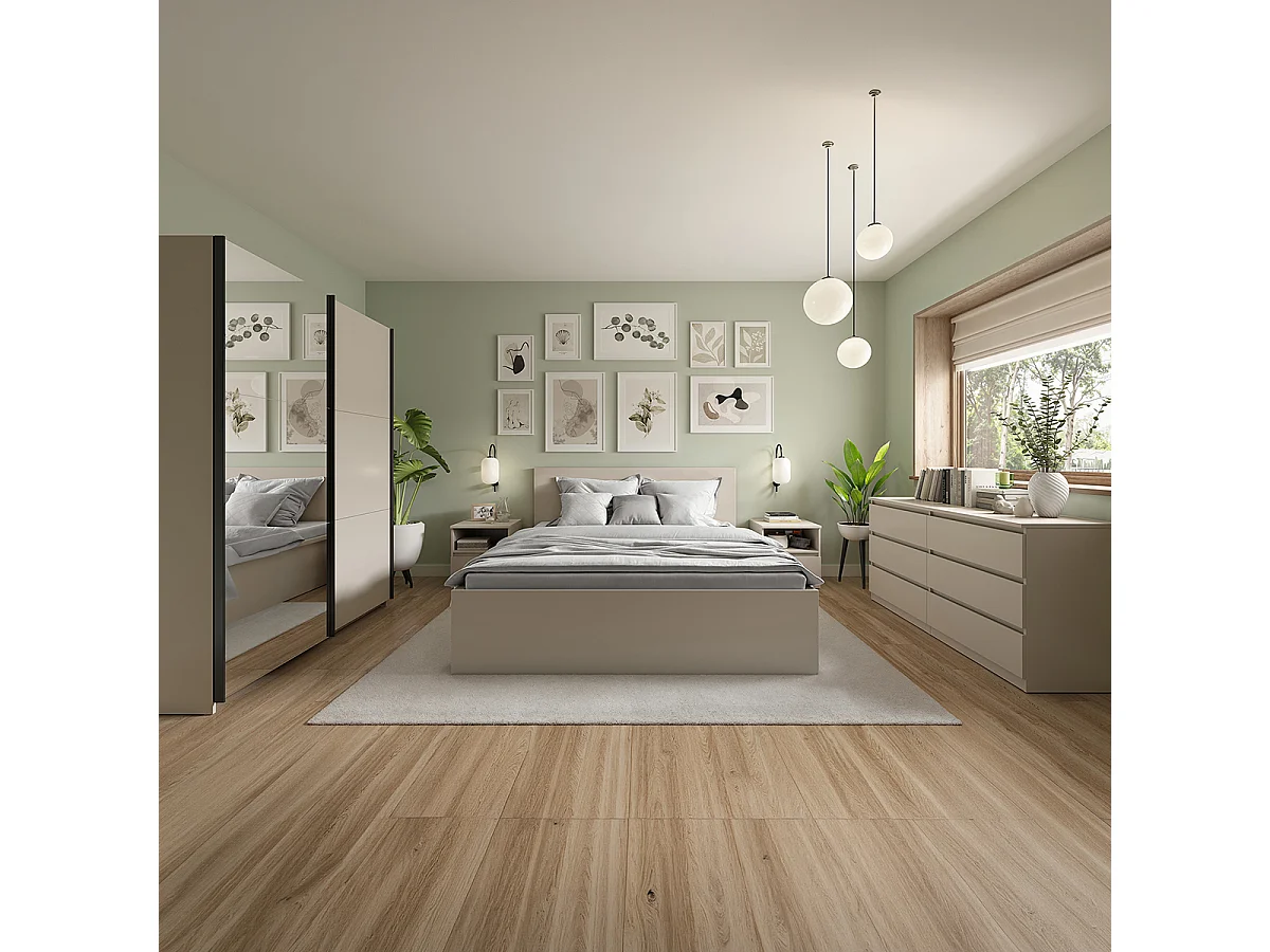 Armoire placard à 2 portes coulissantes dont 1 avec miroir coloris Beige Kashmir - Longueur 220 x Profondeur 60 x Hauteur 195,5 cm