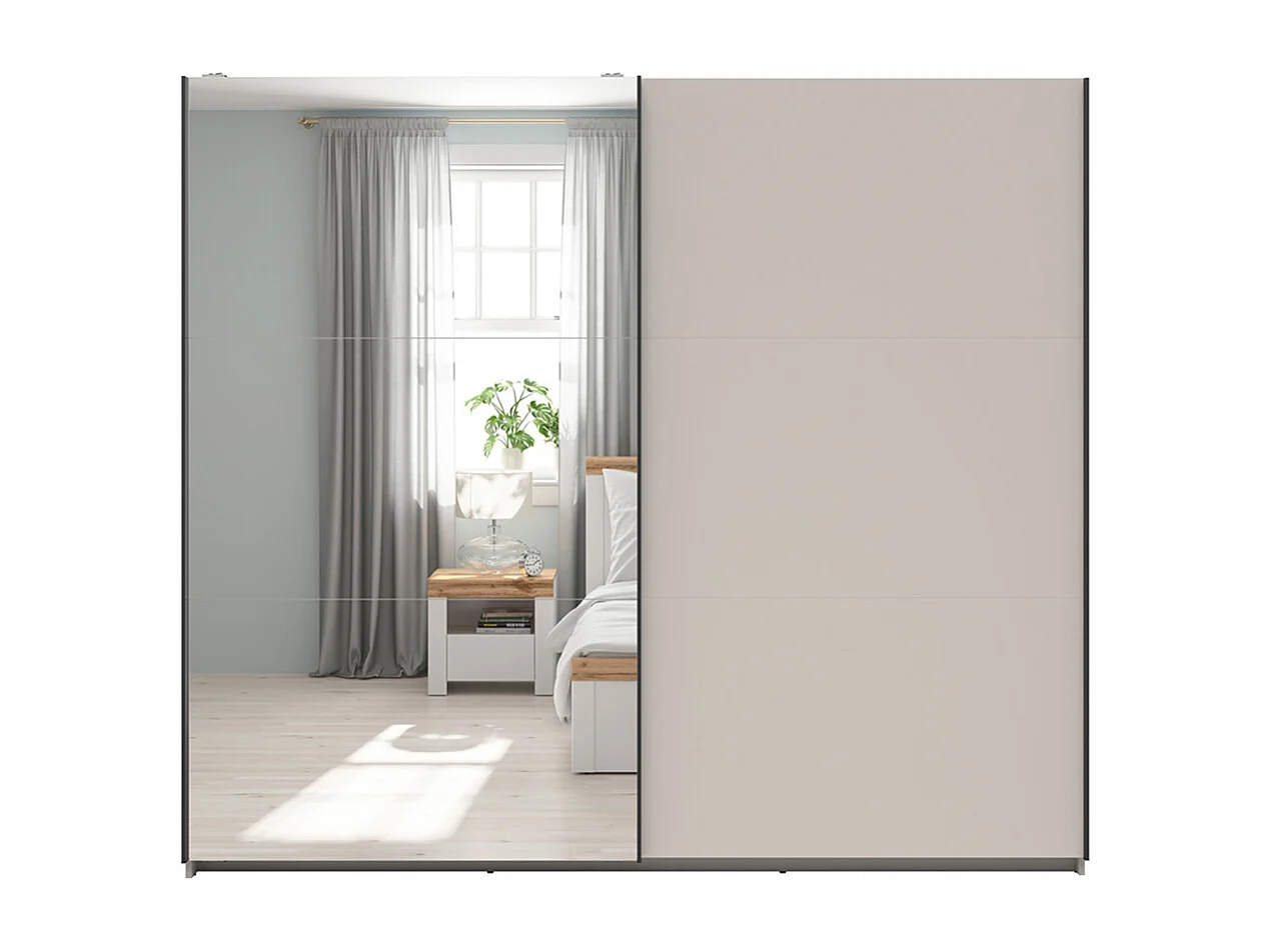 Armoire placard à 2 portes coulissantes dont 1 avec miroir coloris Beige Kashmir - Longueur 220 x Profondeur 60 x Hauteur 195,5 cm
