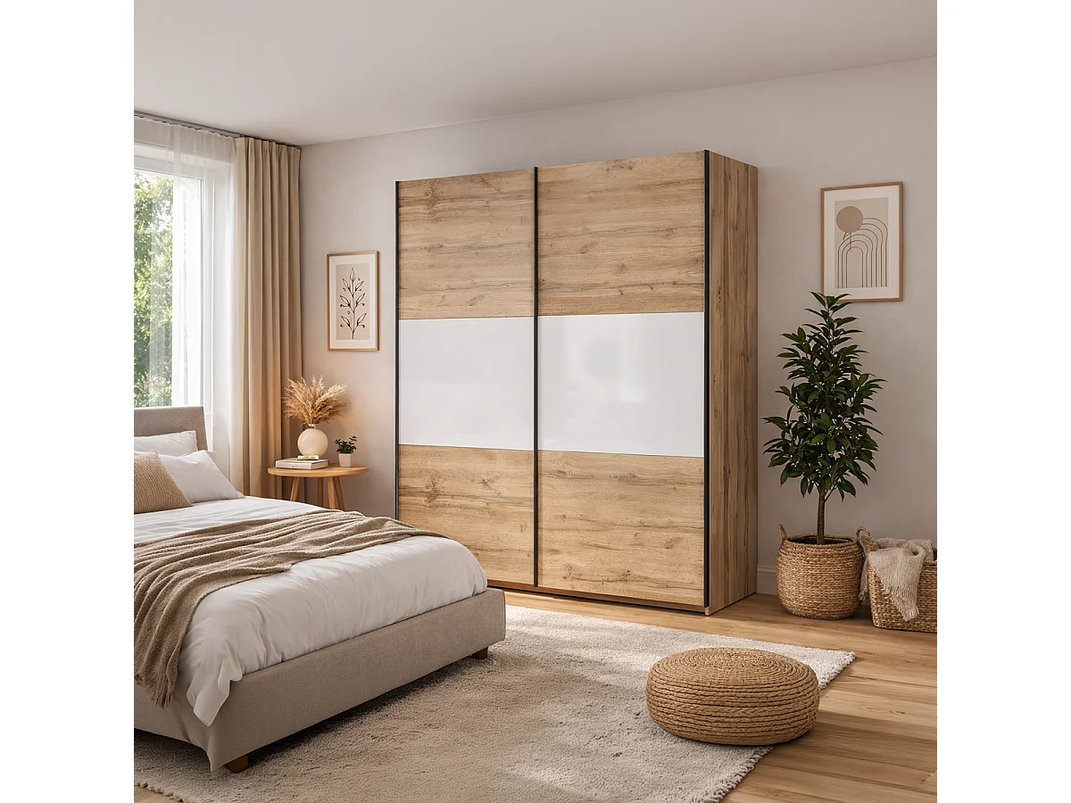 Armoire placard à 2 portes coulissantes coloris Chêne wotan/blanc - Longueur 153,5 x Profondeur 60 x Hauteur 195,5 cm
