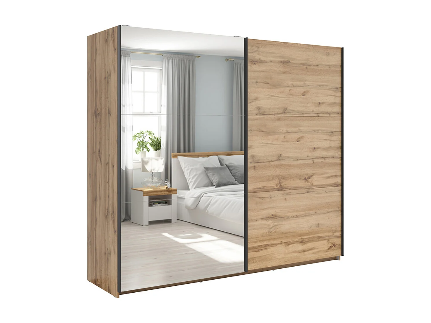 Armoire placard à 2 portes coulissantes dont 1 porte avec miroir coloris Chêne wotan - Longueur 220 x Profondeur 60 x Hauteur 195,5 cm