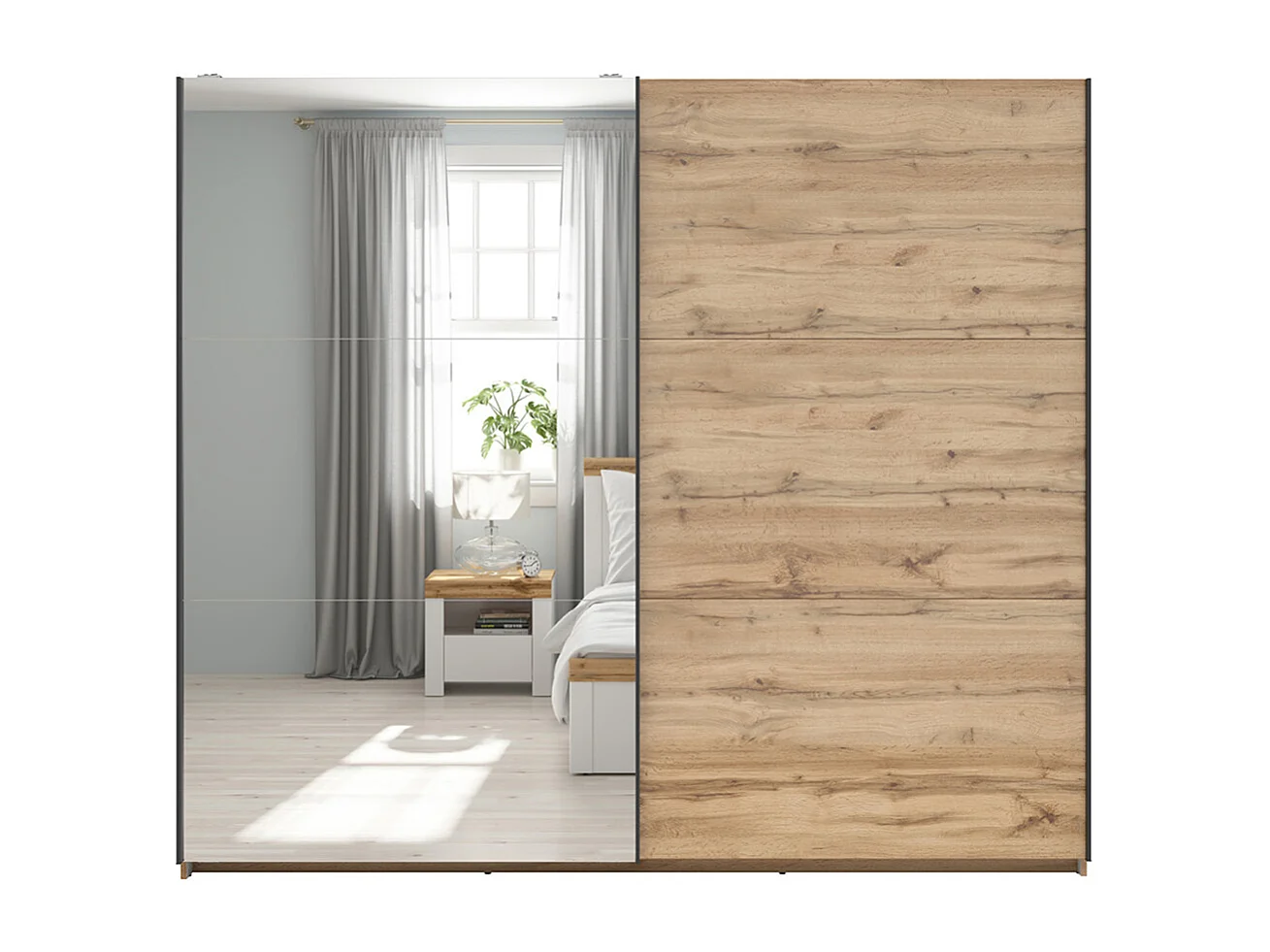 Armoire placard à 2 portes coulissantes dont 1 porte avec miroir coloris Chêne wotan - Longueur 220 x Profondeur 60 x Hauteur 195,5 cm