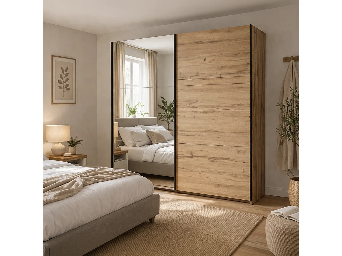 Armoire placard à 2 portes coulissantes dont 1 porte avec miroir coloris Chêne wotan - Longueur 220 x Profondeur 60 x Hauteur 195,5 cm