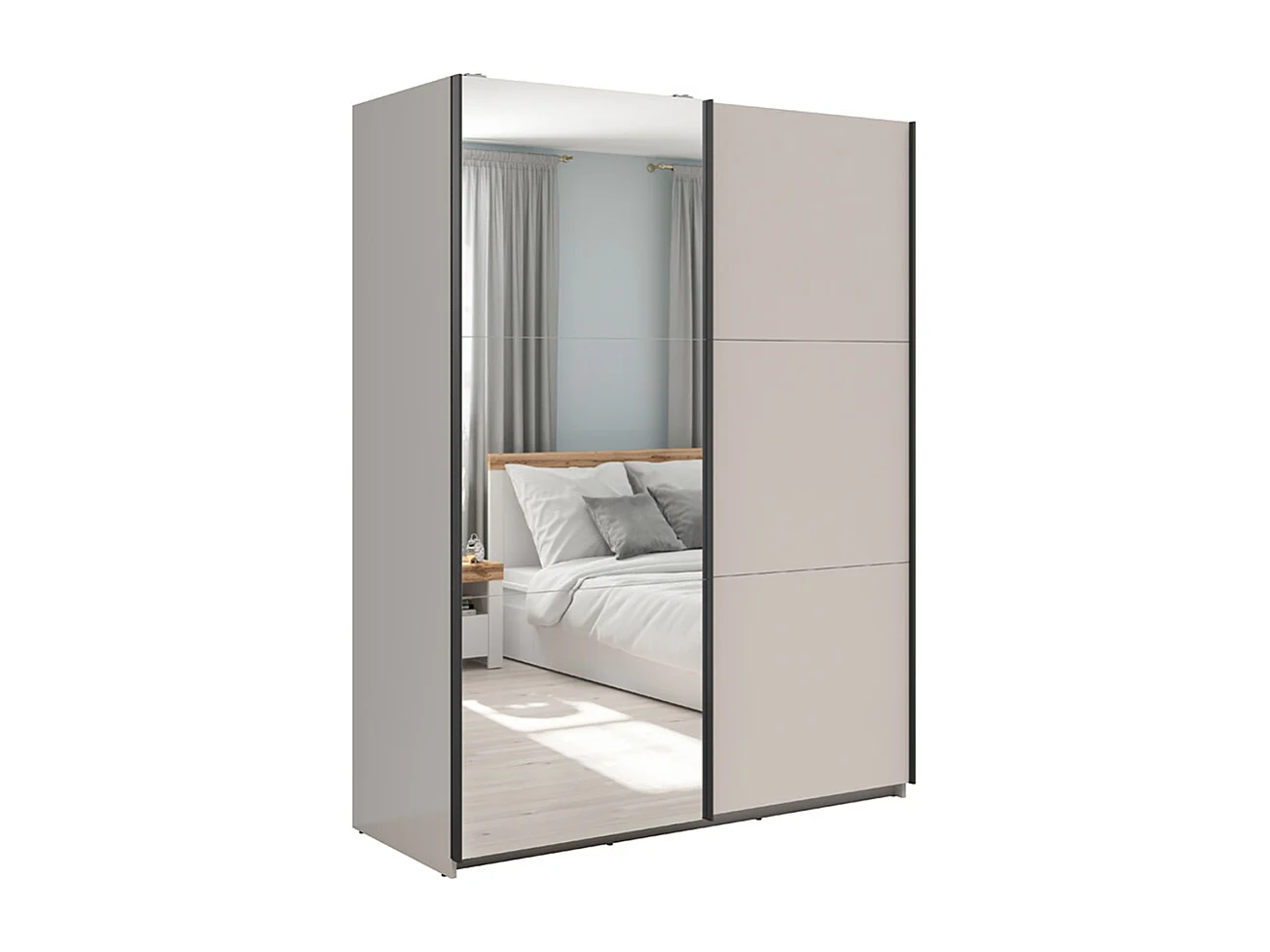 Armoire placard à 2 portes coulissantes dont 1 avec miroir coloris Beige Kashmir - Longueur 153,5 x Profondeur 60 x Hauteur 195,5 cm