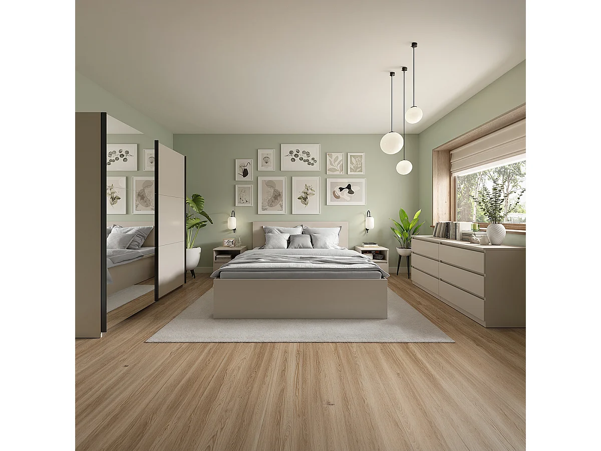 Armoire placard à 2 portes coulissantes dont 1 avec miroir coloris Beige Kashmir - Longueur 153,5 x Profondeur 60 x Hauteur 195,5 cm