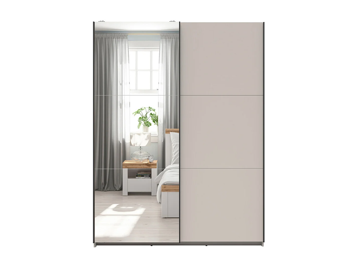 Armoire placard à 2 portes coulissantes dont 1 avec miroir coloris Beige Kashmir - Longueur 153,5 x Profondeur 60 x Hauteur 195,5 cm