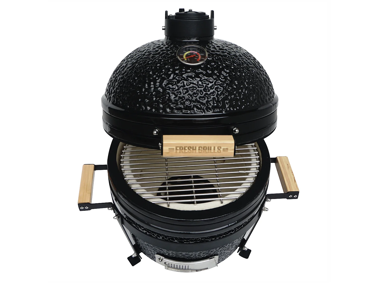 Churrasqueira Kamado Cerâmica 40,6cm com Suporte em Ferro Fundido – Grelha Inox, Termómetro Integrado, Capa e Acessórios Incluídos, Gama 10–400°C