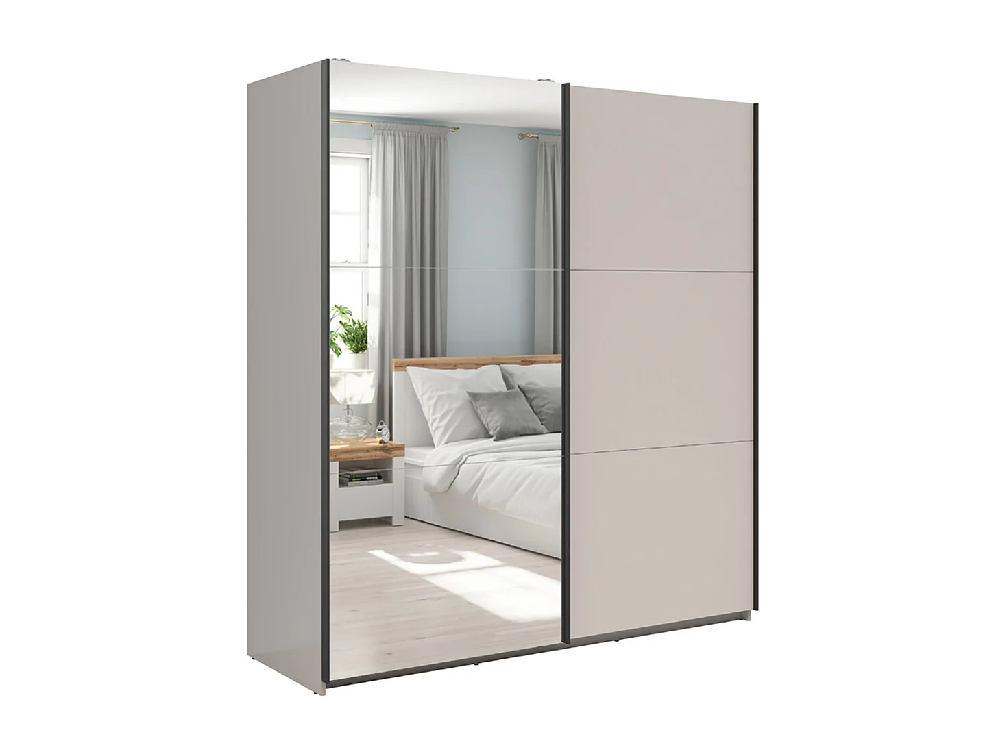 Armoire placard à 2 portes coulissantes dont 1 avec miroir coloris Beige Kashmir - Longueur 183 x Profondeur 60 x Hauteur 195,5 cm