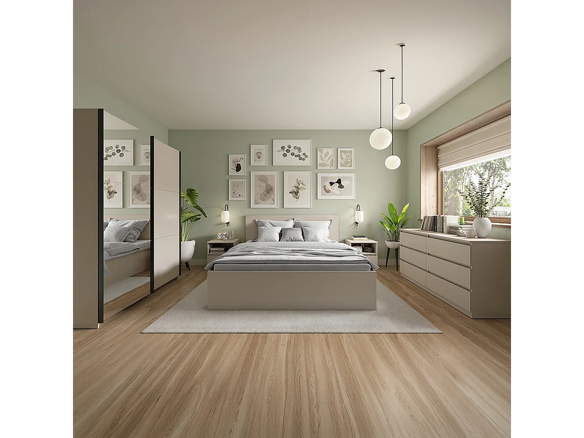 Armoire placard à 2 portes coulissantes dont 1 avec miroir coloris Beige Kashmir - Longueur 183 x Profondeur 60 x Hauteur 195,5 cm