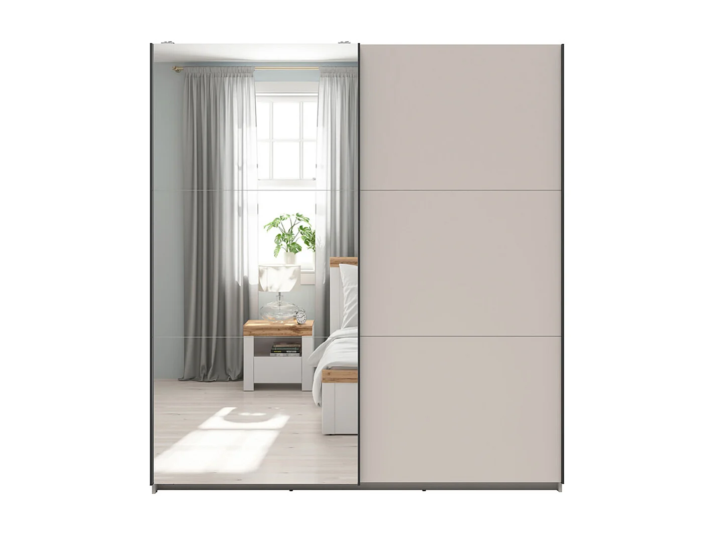Armoire placard à 2 portes coulissantes dont 1 avec miroir coloris Beige Kashmir - Longueur 183 x Profondeur 60 x Hauteur 195,5 cm