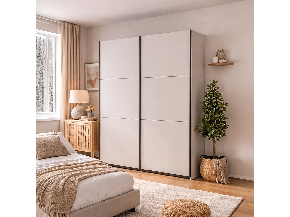 Armoire placard à 2 portes coulissantes coloris Beige Kashmir - Longueur 153,5 x Profondeur 60 x Hauteur 195,5 cm