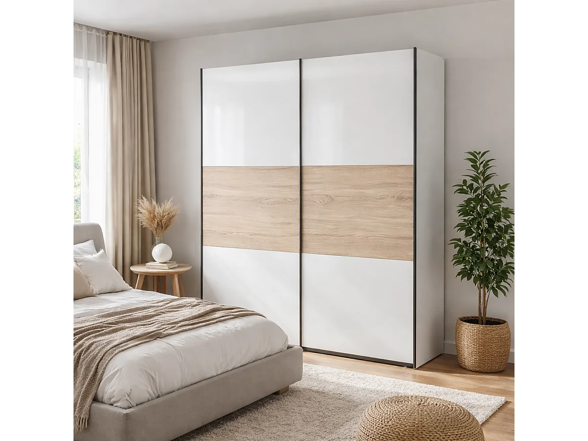 Armoire placard à 2 portes coulissantes coloris blanc brillant/chêne Sonoma - Longueur 183 x Profondeur 60 x Hauteur 195,5 cm