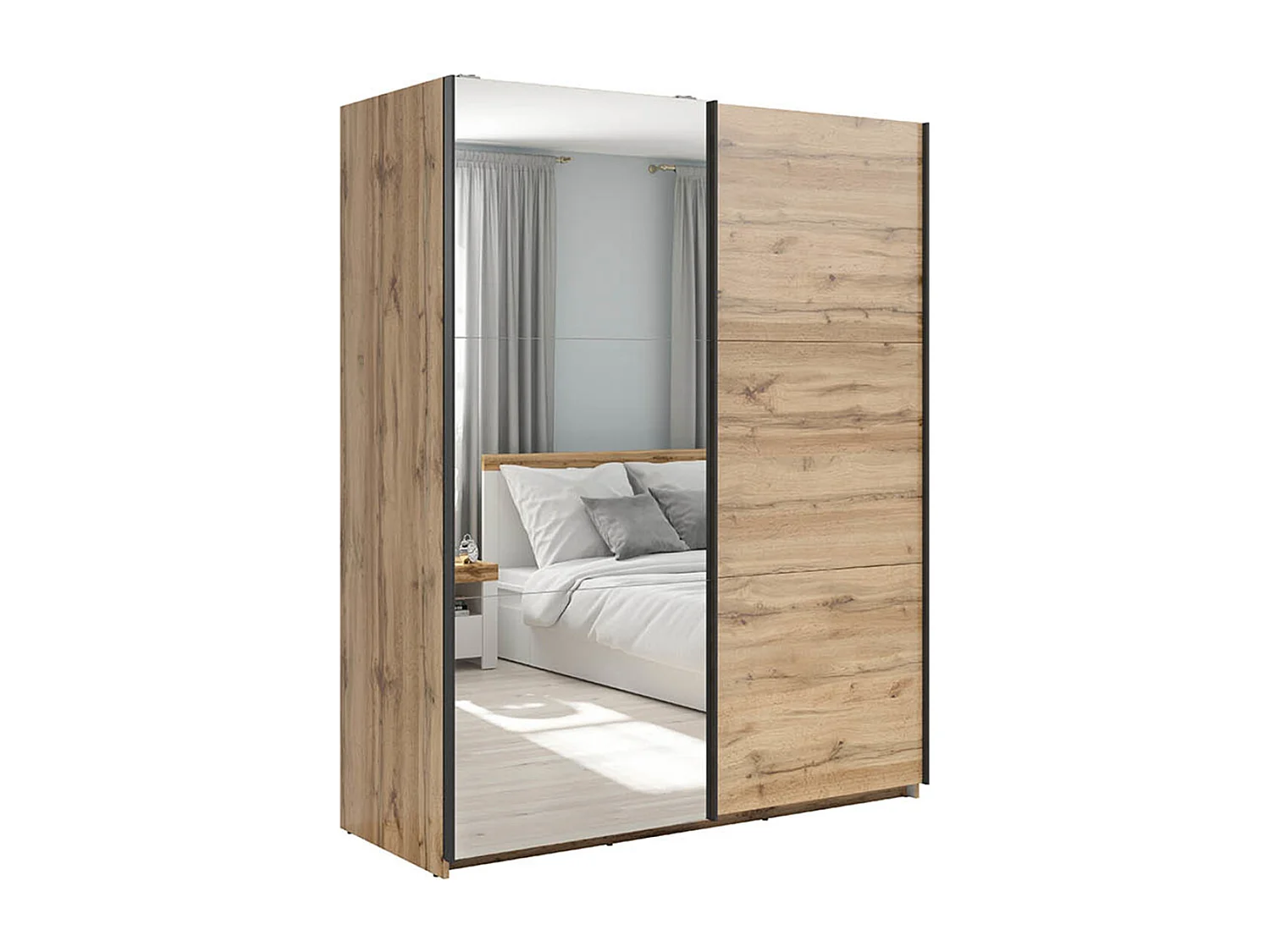 Armoire placard à 2 portes coulissantes dont 1 porte avec miroir coloris Chêne wotan - Longueur 153,5 x Profondeur 60 x Hauteur 195,5 cm