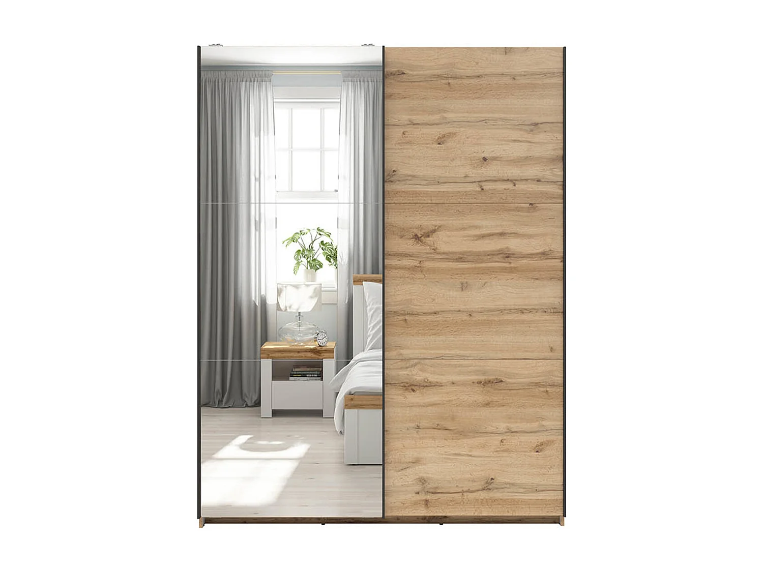 Armoire placard à 2 portes coulissantes dont 1 porte avec miroir coloris Chêne wotan - Longueur 153,5 x Profondeur 60 x Hauteur 195,5 cm