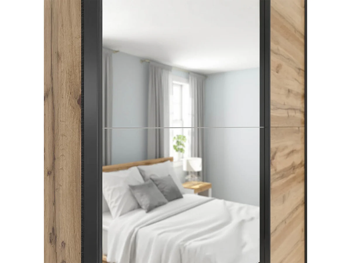Armoire placard à 2 portes coulissantes dont 1 porte avec miroir coloris Chêne wotan - Longueur 153,5 x Profondeur 60 x Hauteur 195,5 cm