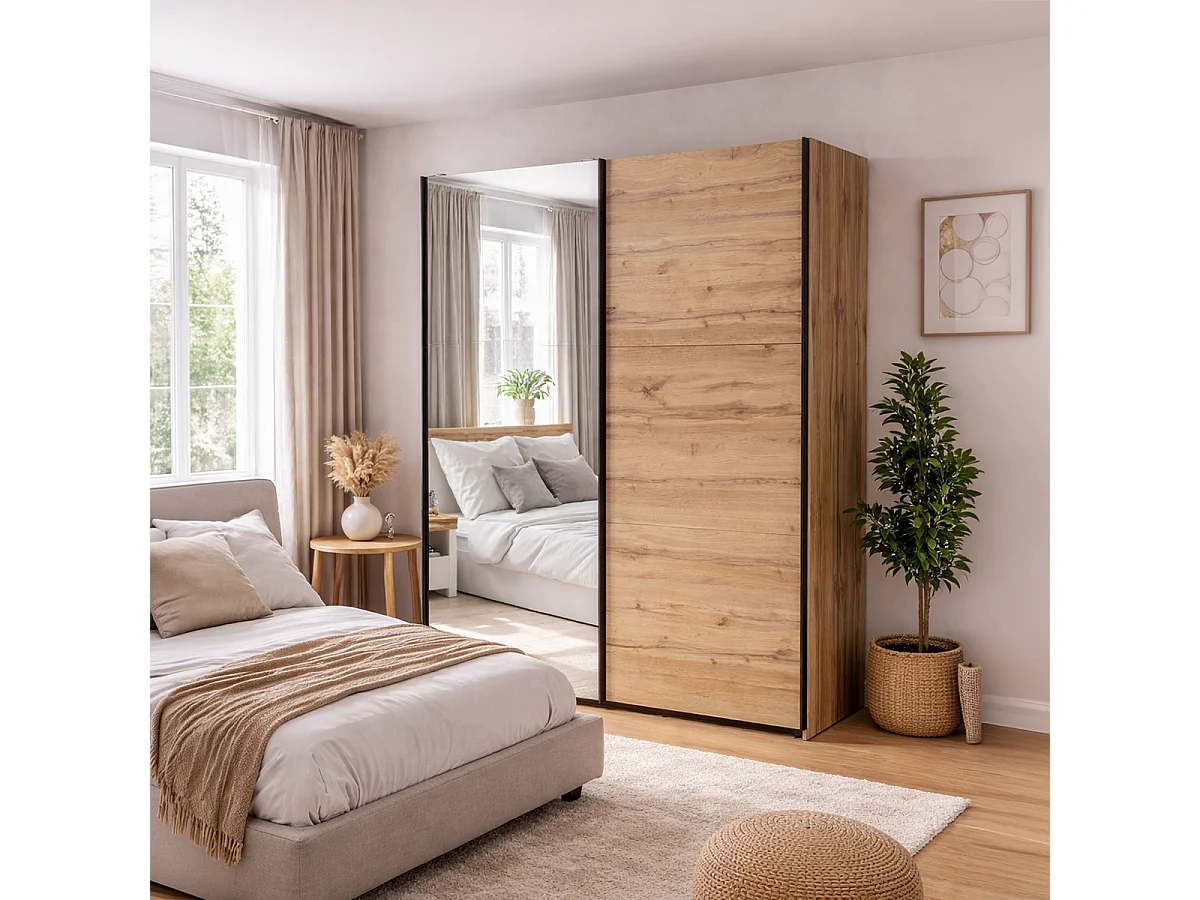 Armoire placard à 2 portes coulissantes dont 1 porte avec miroir coloris Chêne wotan - Longueur 153,5 x Profondeur 60 x Hauteur 195,5 cm