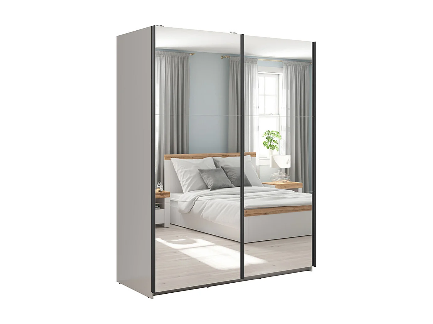 Armoire placard à 2 portes coulissantes avec miroir coloris Beige Kashmir - Longueur 153,5 x Profondeur 60 x Hauteur 195,5 cm