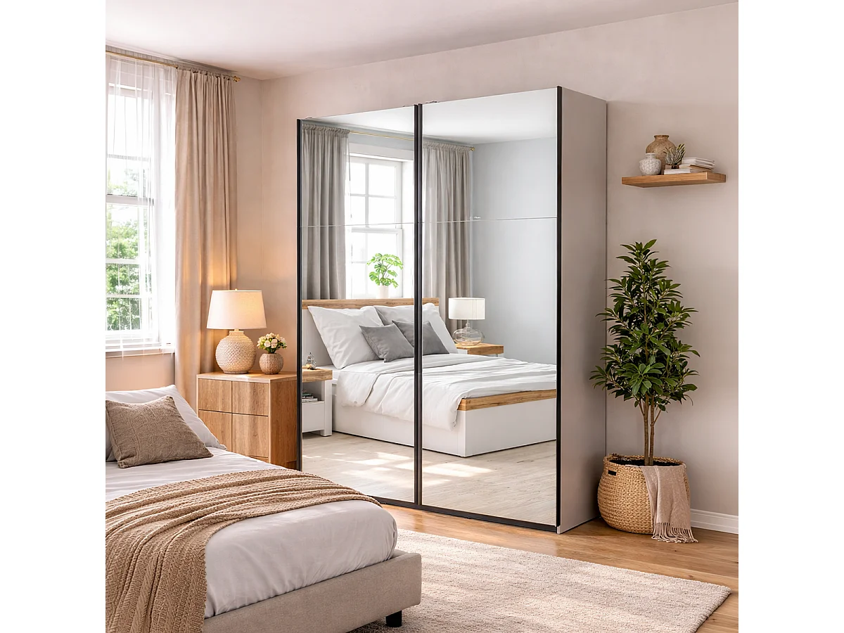 Armoire placard à 2 portes coulissantes avec miroir coloris Beige Kashmir - Longueur 153,5 x Profondeur 60 x Hauteur 195,5 cm