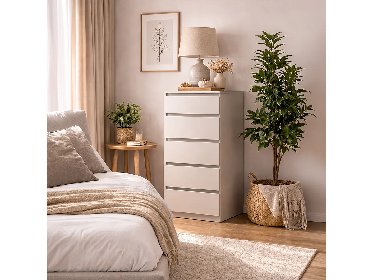 Chiffonier de 5 tiroirs commode meuble de rangement coloris Beige - Longueur 50 x Profondeur 45 x Hauteur 115 cm