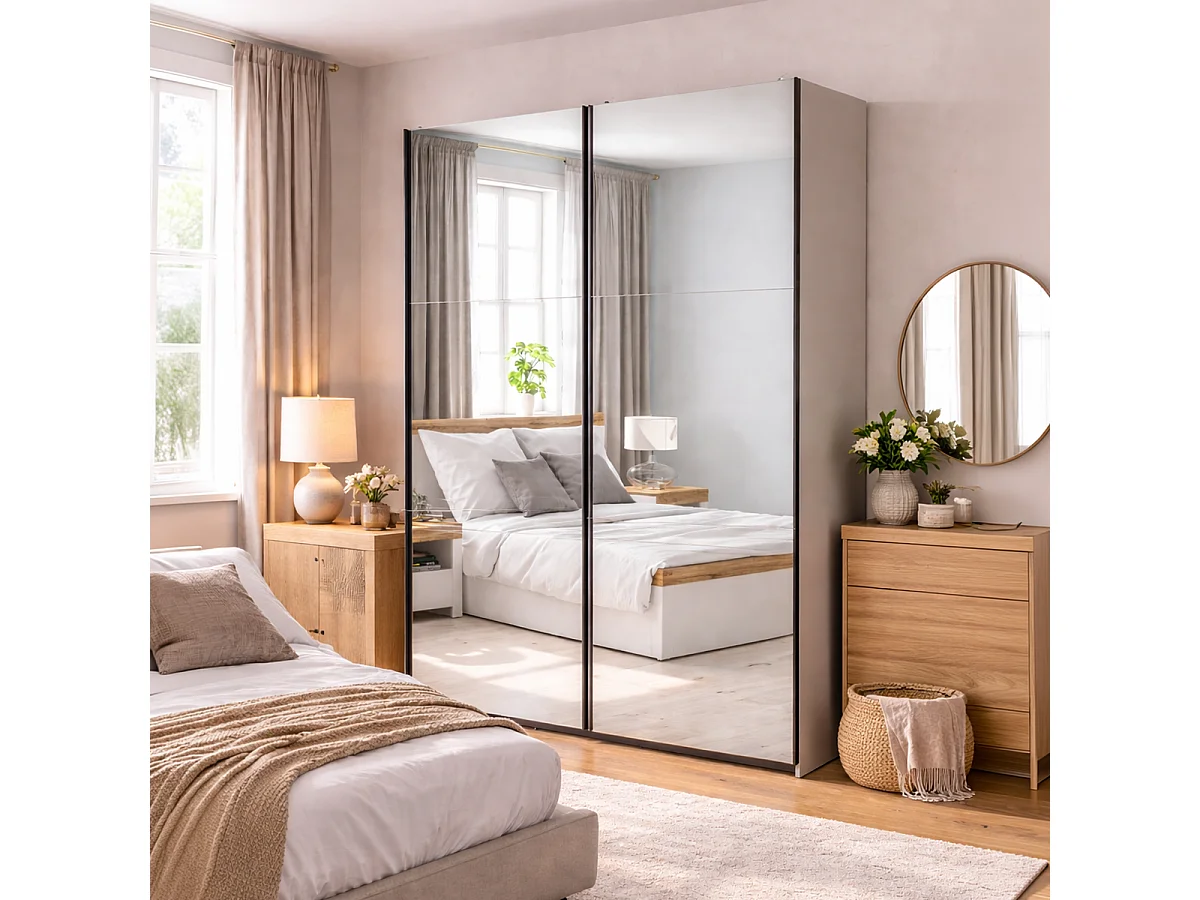 Armoire placard à 2 portes coulissantes avec miroir coloris Beige Kashmir - Longueur 183 x Profondeur 60 x Hauteur 195,5 cm