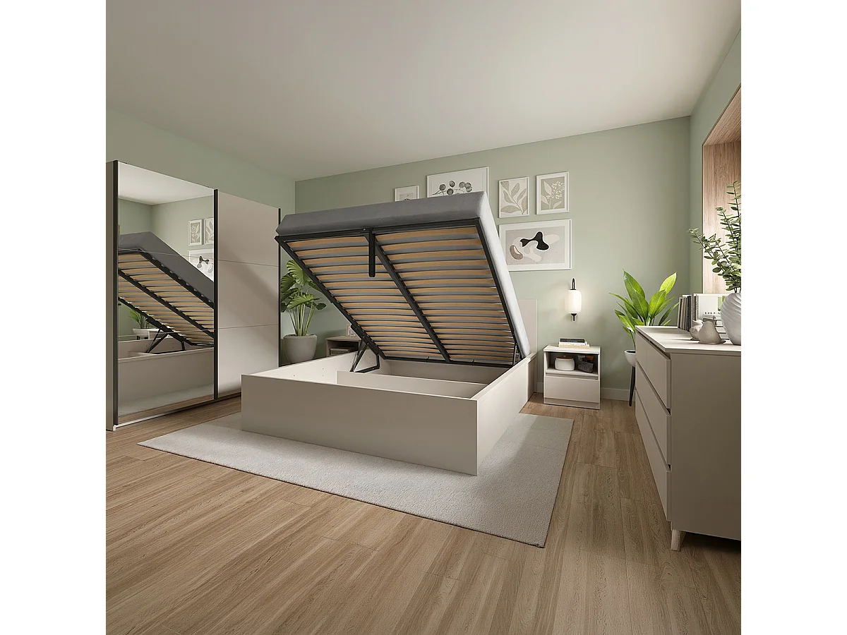 Lit coffre 160x200 avec sommier et rangement integré, coloris Beige - Longueur 204,5 x Profondeur 169 x Hauteur 95/40,5 cm