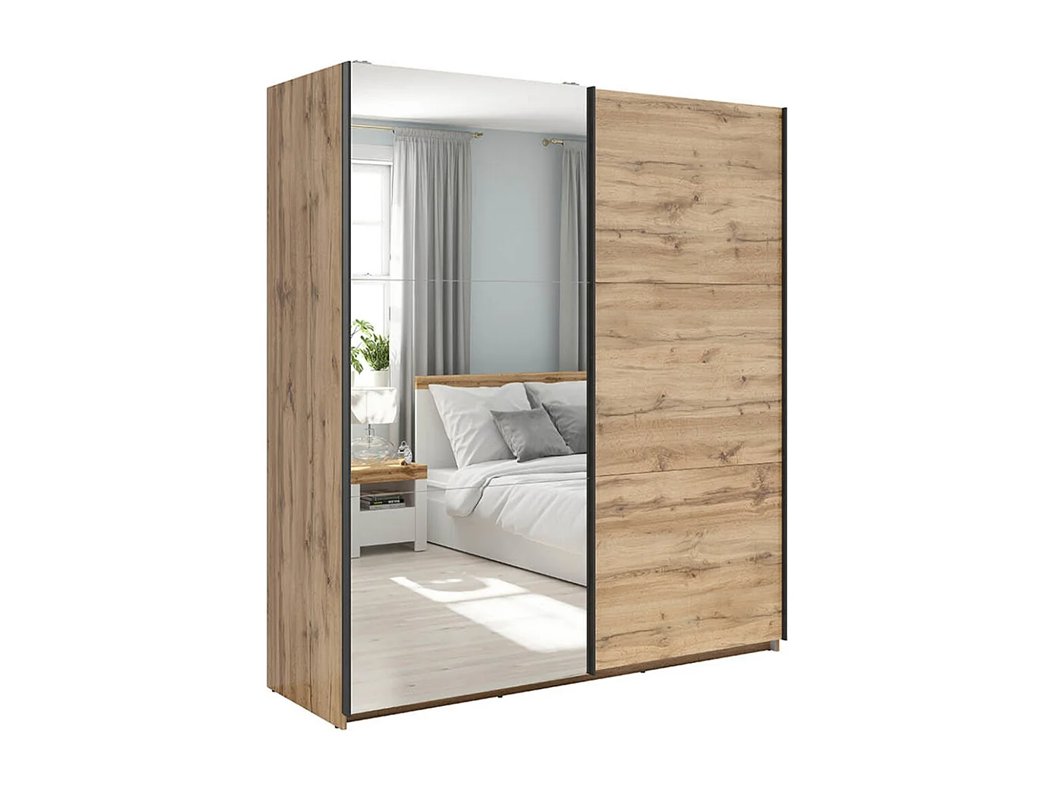 Armoire placard à 2 portes coulissantes dont 1 porte avec miroir coloris Chêne wotan - Longueur 183 x Profondeur 60 x Hauteur 195,5 cm