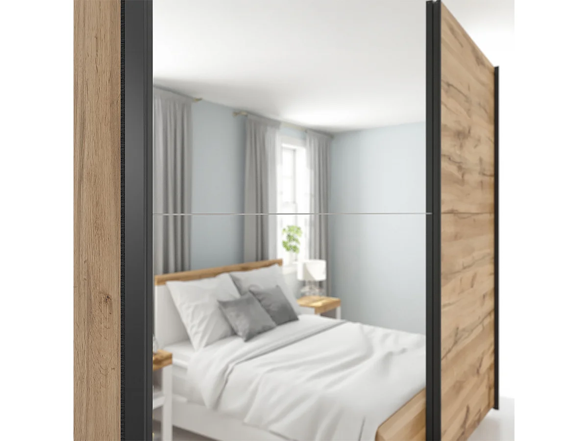 Armoire placard à 2 portes coulissantes dont 1 porte avec miroir coloris Chêne wotan - Longueur 183 x Profondeur 60 x Hauteur 195,5 cm