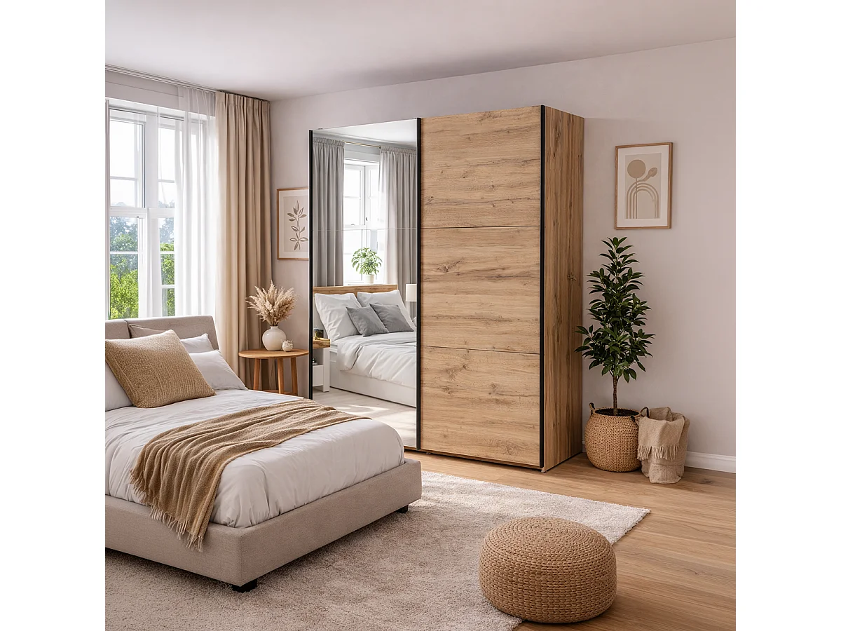 Armoire placard à 2 portes coulissantes dont 1 porte avec miroir coloris Chêne wotan - Longueur 183 x Profondeur 60 x Hauteur 195,5 cm