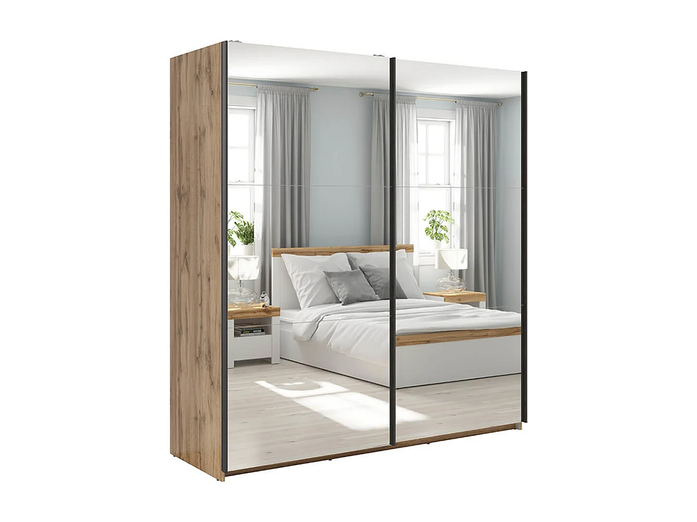 Armoire placard à 2 portes coulissantes avec miroir coloris Chêne wotan - Longueur 183 x Profondeur 60 x Hauteur 195,5 cm