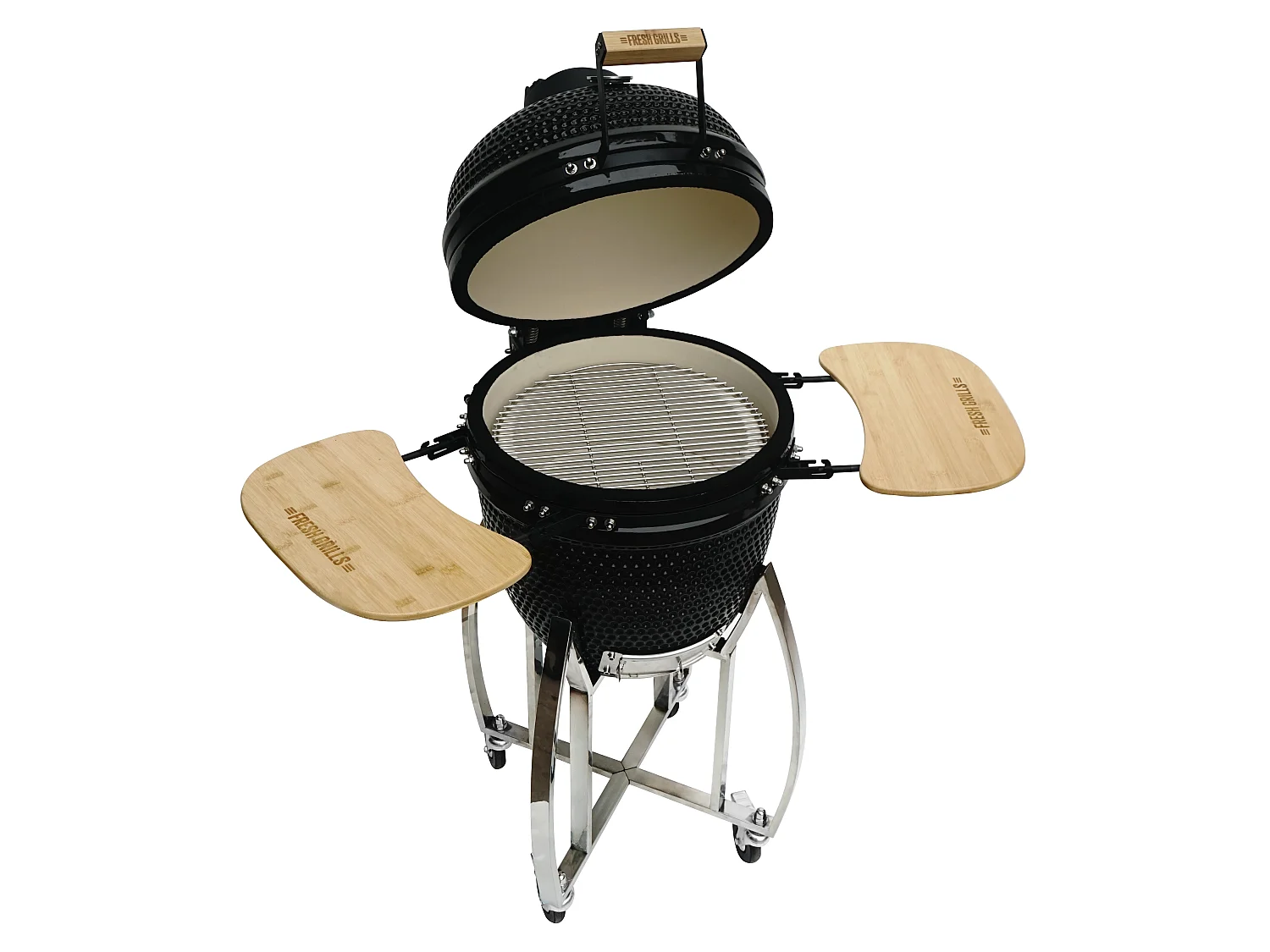 Churrasqueira Kamado Cerâmica 46cm com Suporte em Ferro Fundido – Grelha Inox, Termómetro Integrado, Capa e Acessórios Incluídos, Gama 10–400°C