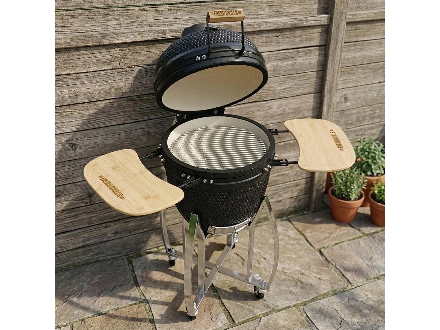 Churrasqueira Kamado Cerâmica 46cm com Suporte em Ferro Fundido – Grelha Inox, Termómetro Integrado, Capa e Acessórios Incluídos, Gama 10–400°C