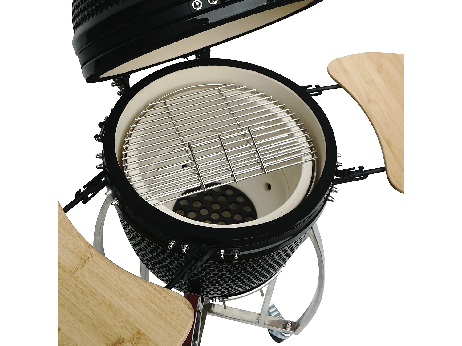 Churrasqueira Kamado Cerâmica 46cm com Suporte em Ferro Fundido – Grelha Inox, Termómetro Integrado, Capa e Acessórios Incluídos, Gama 10–400°C