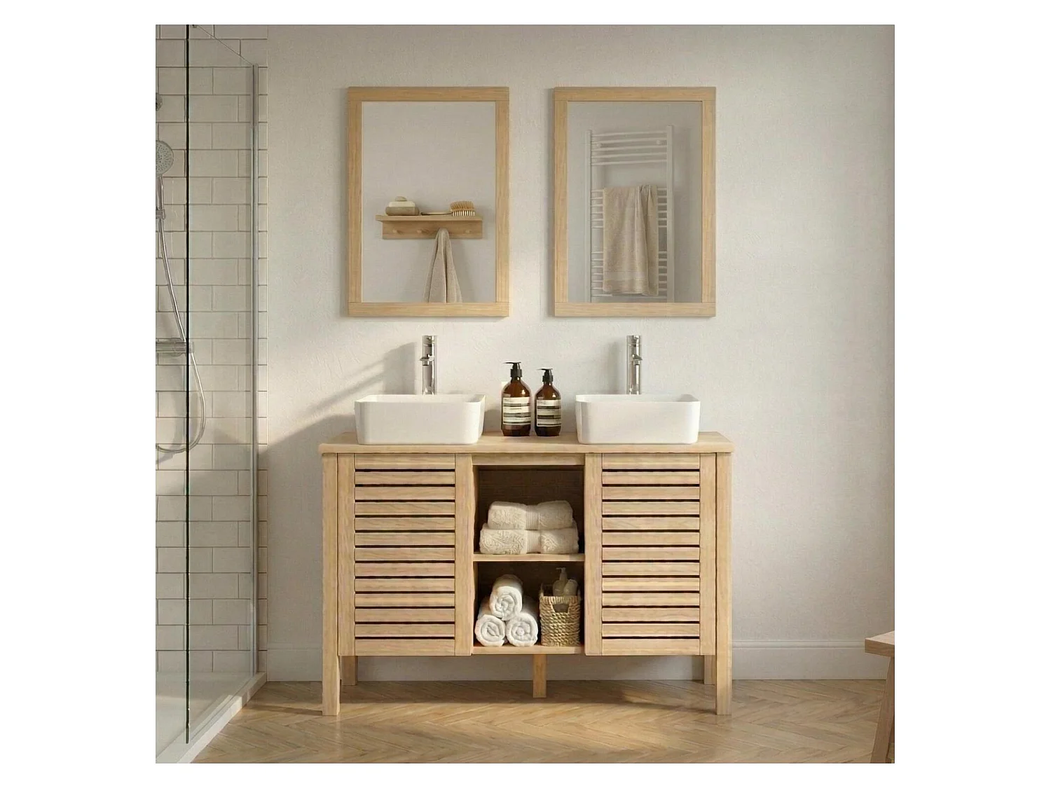 Ensemble TALIX 120cm chêne double vasque, robinets et miroir