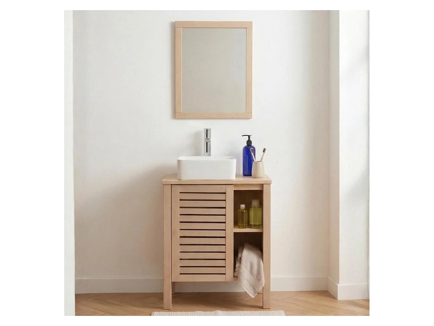 Badset 60cm Eiche, Waschbecken, Armatur und Spiegel TALIX
